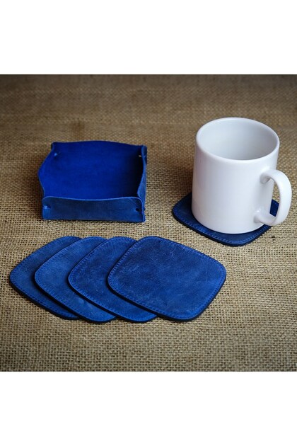 Blue 5-Piece Coasters, Leather Coasters, Office Accessory, Desk Accessory | Kurtuba