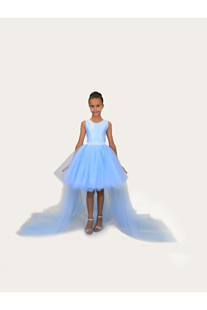 nsmkidslife Girl Child Front short Back Long Tail Detailed BEBE BLUE Satin  Ball Gown Party Graduation Dress- Trendyol
