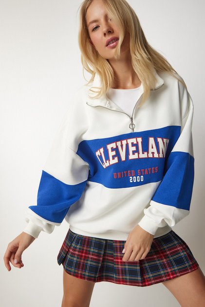 Women's White Blue Color Block Printed Oversize Sweatshirt HF00439
