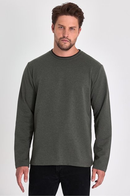 Men's Khaki Double Crew Neck Standard Relaxed Fit Sweatshirt