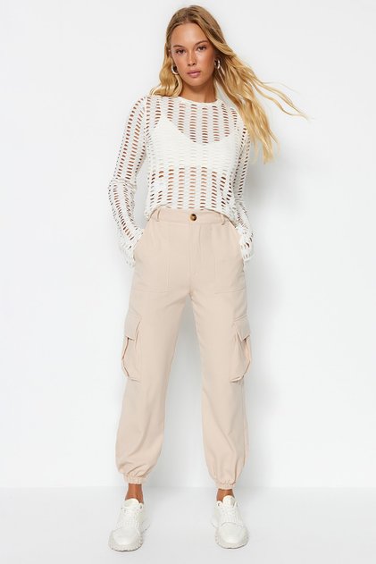 Pantaloni din țesătură cu buzunare cargo bej TWOAW24PL00234