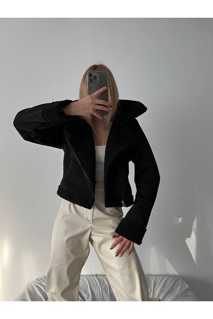 SUEDE CROP COAT WITH PLUSH INSIDE