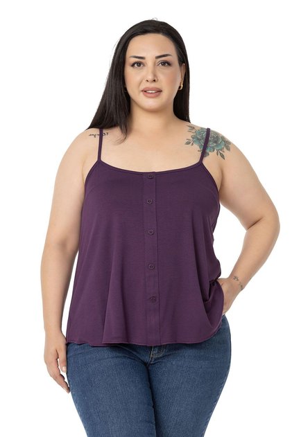 Plus Size Adjustable Rope Strap Ornamental Button Viscose Plum Blouse