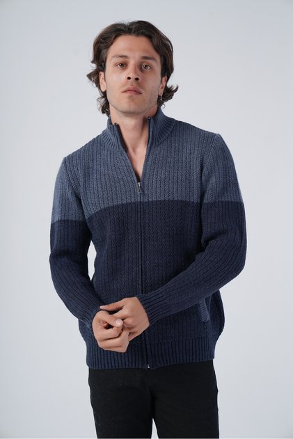 Navy Blue Men's Zigzag Embroidered Double Color Stand Collar Zippered Pocket Knitwear Wool Cardigan