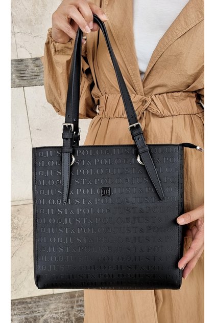 JUSTPOLO WOMEN'S BLACK LARGE SIZE 4 COMPARTMENT SHOULDER BAG TOTE BAG