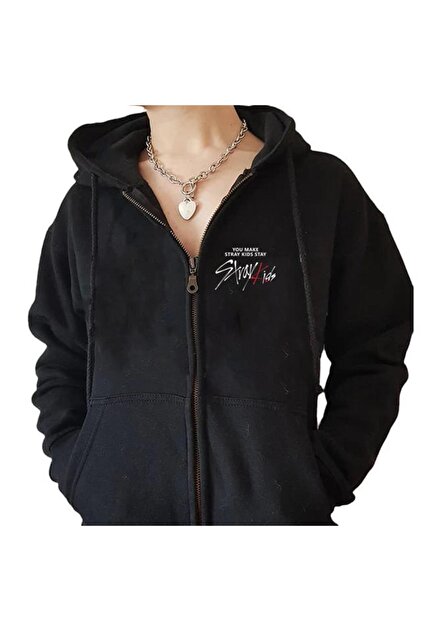 Genel Markalar Stray Kids Baskılı Oversize Fermuarlı Siyah Unisex