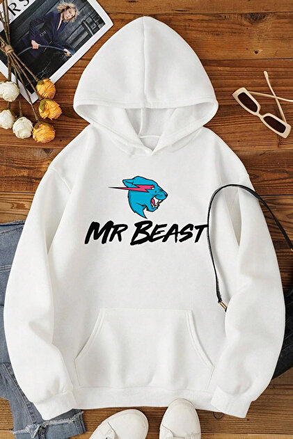 AMMA Unisex Mr Beast Baskılı Oversize %100 Pamuk Kapüşonlu