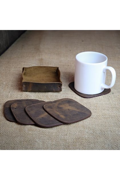 Brown 5-Piece Coasters, Leather Coasters, Office Accessory, Desk Accessory, Kurtuba
