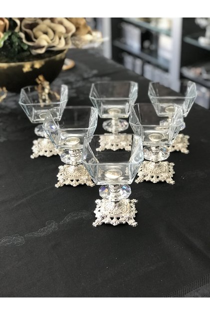 Avangard Cast Footed 6 Pieces Silver Cornered Square Salad Magnolia Pudding Bowl Presentation Bowl