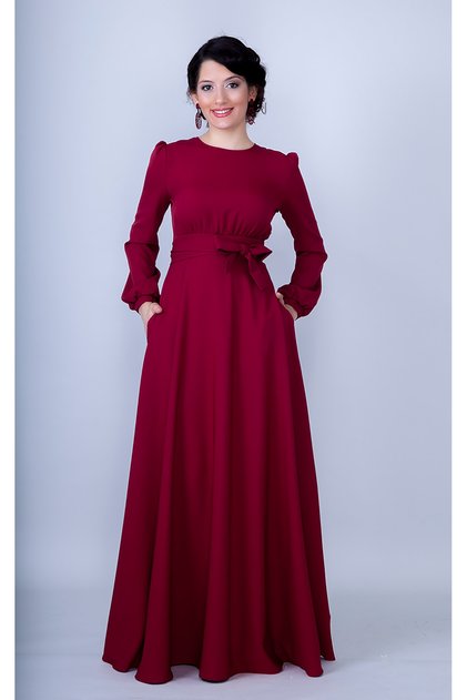 Round Neck Long Sleeve Woven Fabric Drawstring Waist Belted Pocket Maxi Length Invitation & Evening Dress