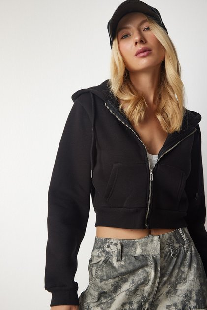 Women's Black Hooded Zippered Crop Sweatshirt UB00136