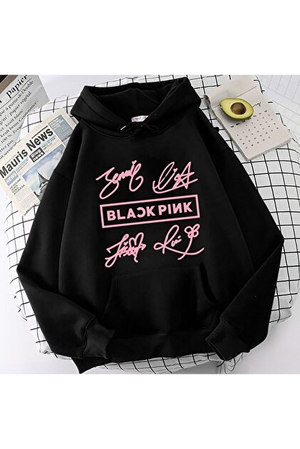MECH BUTİK Blackpink Ön İmza Baskılı Siyah Sweatshirt Kapüşonlu