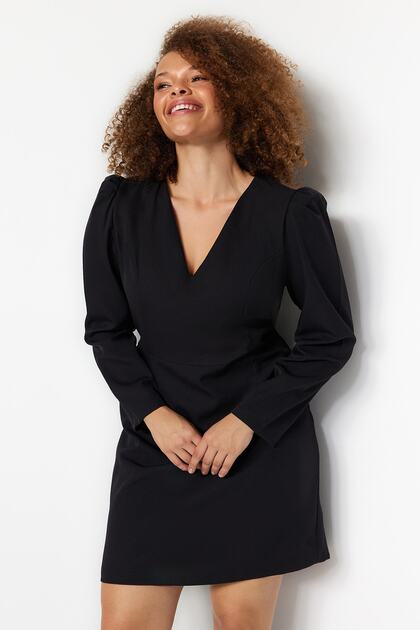 Trendyol Curve V-Neck Black Balloon Sleeve Mini Dress - TBBAW24AH00038- Trendyol Trendyol Curve V-Neck Black Balloon Sleeve Mini Dress - TBBAW24AH00038- Trendyol