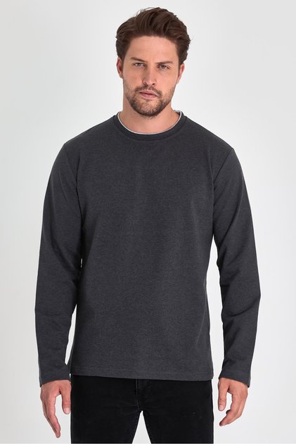 Men's Anthracite Double Crew Neck Standard Relaxed Fit Sweatshirt
