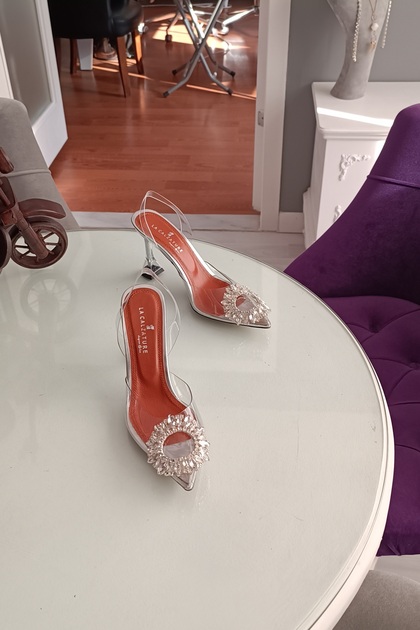 Piele lacuită argintie, complet transparentă, din piele naturală, căptușeală interioară, toc șampanie, cataramă cu stras, pantofi stiletto pentru femei