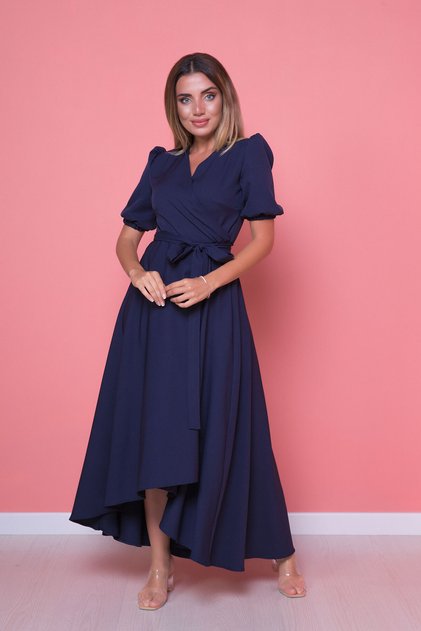 Navy Asymmetric Double-Breasted Collar Short Sleeve Woven Drapey Dress