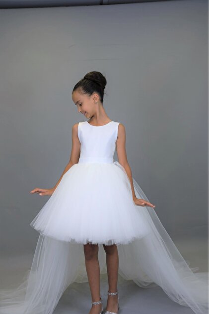 nsmkidslife Girl Child Front short Back Long Tail Detailed WHITE Satin Ball  Gown Party Graduation Dress- Trendyol
