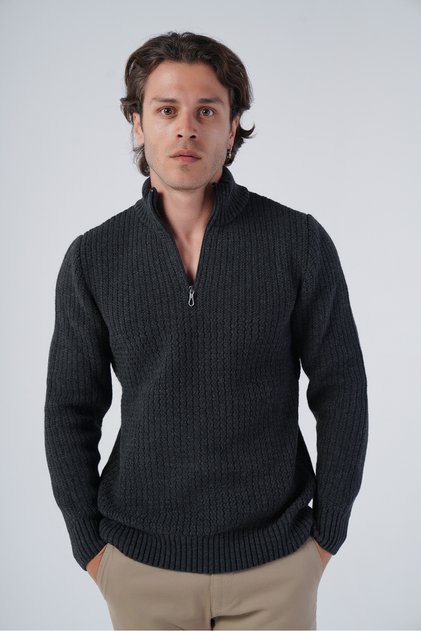 Anthracite Men's Zigzag Embroidered Stand Collar Short Zippered Knitwear Wool Sweater