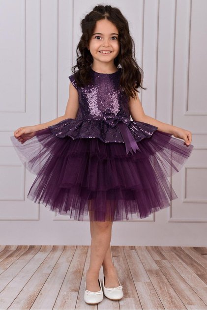 Girl's Purple Sequined Layered Tulle Evening Dress