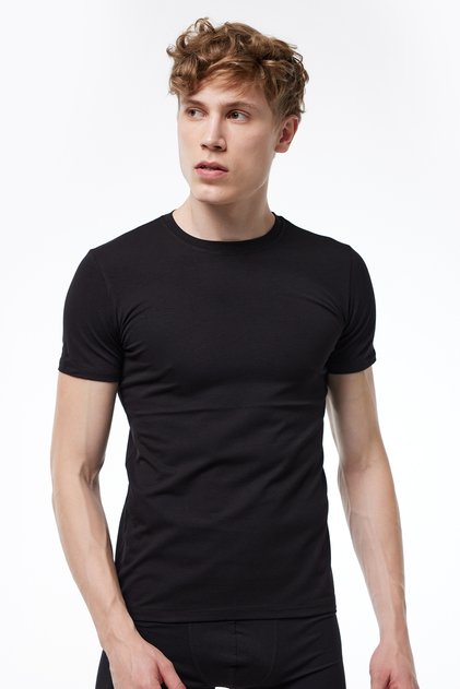 Men's Black 2-Piece Round Neck Short Sleeve Cotton Elastane Undershirt T-Shirt 093