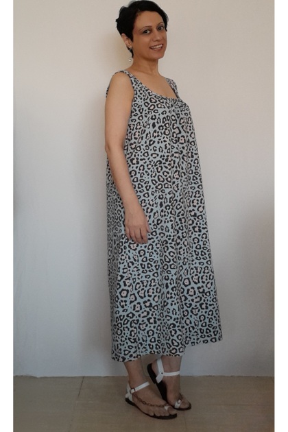 Front and back drawstring leopard print combed cotton dress