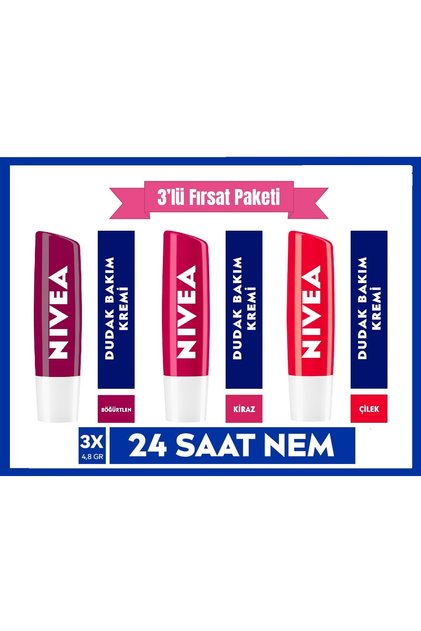 Lip Care Cream & Lip Gloss Blackberry- Cherry- Strawberry 3 Pcs, 24 Hours Moisture with Natural Oils