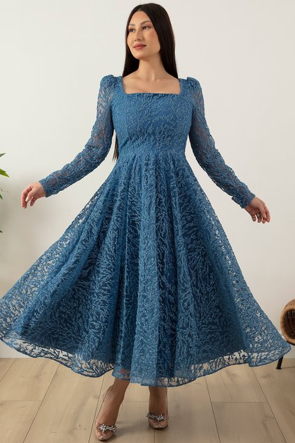 Square Collar Long Sleeve Glitter Tulle Evening Dress 1299