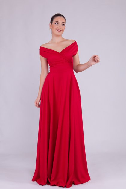 Red Maxi Length Boat Neck Draped Woven Fabric Flared Evening Dress