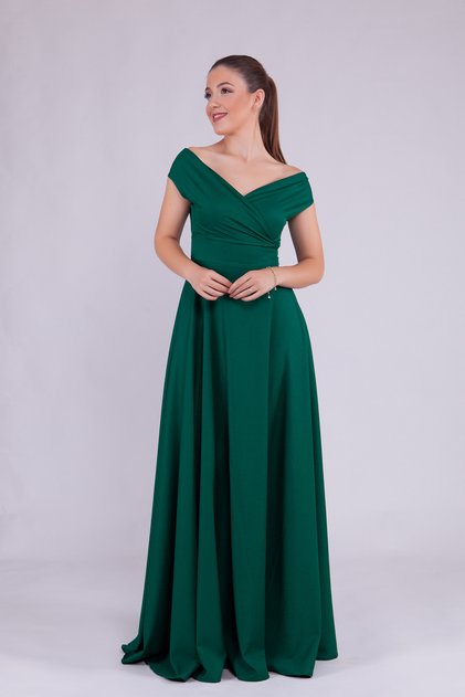 Emerald Maxi Length Boat Neck Draped Woven Fabric Flared Evening Dress