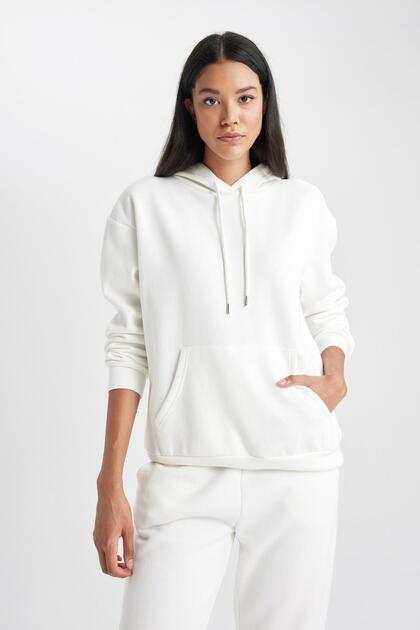 Relax Fit Hooded Thick Basic Plain White Sweatshirt with Kangaroo Pocket W1240Az23Wn