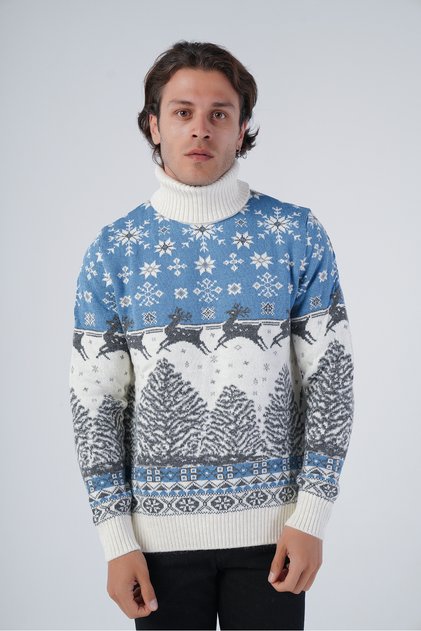 Bone Men's Jacquard Deer Patterned Turtleneck New Year's Knitwear Wool Sweater