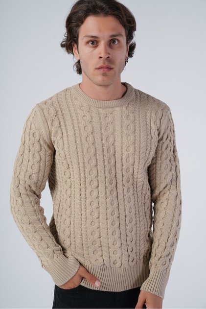 Beige Men's Hair Braided Cotton Crew Neck 100% Cotton Sweater