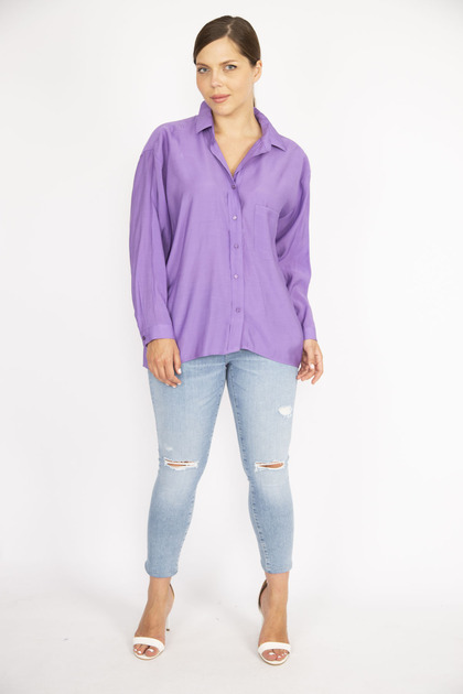 Women's Large Size Lilac Poplin Fabric Buttoned Front Long Tunic 65N36797