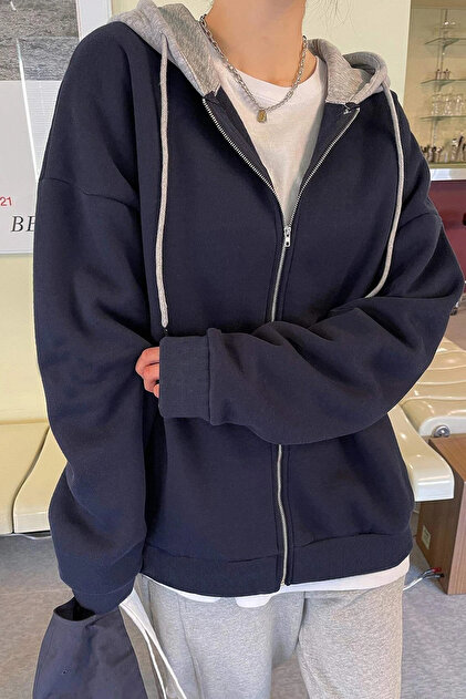 hiro MODAGEN Unisex Lacivert Gri Kapüşonlu Oversize Hırka Zip - Fiyatı
