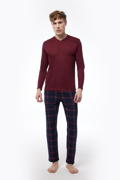 Bordo Ekoseli Erkek Pijama Takımı Düğmeli Yaka Kışlık Uzun Kollu Pijama 6015