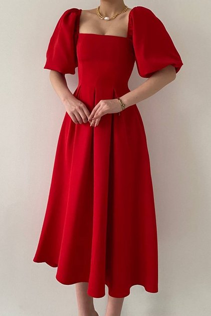 Atlas Fabric Strapless Collar Pleated Flared Cut Midi Length Short Balloon Sleeve Red Evening Dress 167