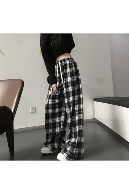 Unisex Detailled Plaid Pants with Elastic Waist