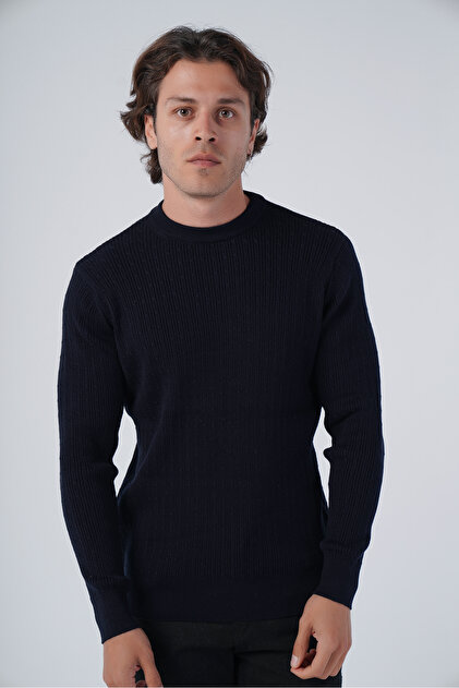 Navy Blue Men's Hair Braided Cotton Crew Neck 100% Cotton Sweater