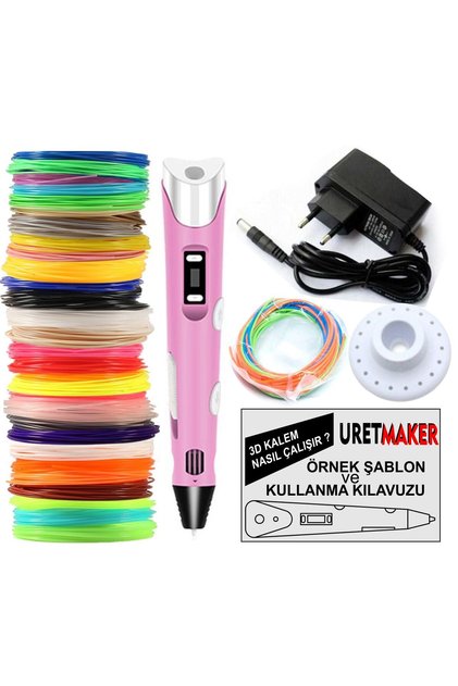 PEMBE Renk 3D Pen Kalem Yazıcı ve 70 metre PLA Filament (10 renk x 7 metre)