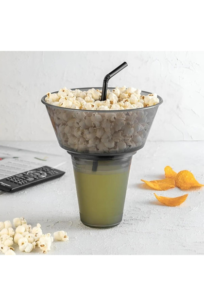 1 Piece Practical Pop Corn Bucket with Straw Cup Snack Snack Plate Nuts Popcorn Chips