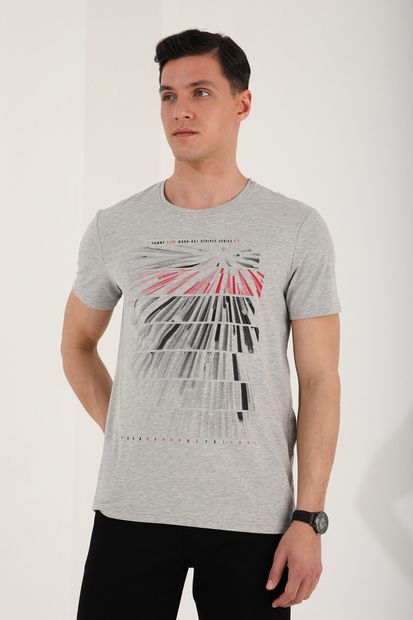 TOMMY LIFE Erkek Gri Melanj  Eskitme Çift Renk Desen Baskılı Rahat Form O Yaka T-shirt - 87959 - 1