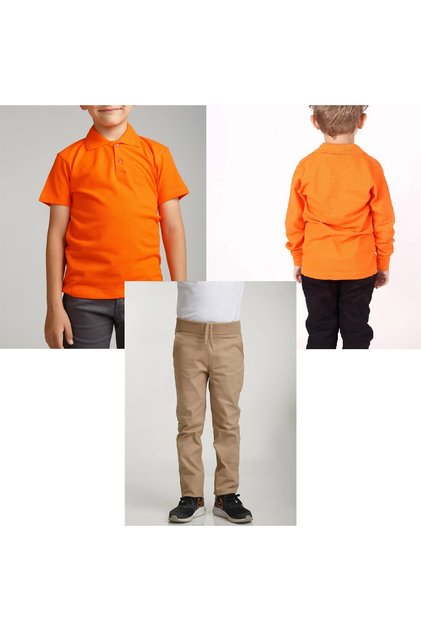 Unisex children's school ribbed waist trousers - orange short sleeve long sleeve Polo collar T-shirt 3 piece set