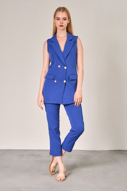 Saks Mavi Blazer Yelek Boru Paça Pantolon Atlas Kumaş Takım Elbise