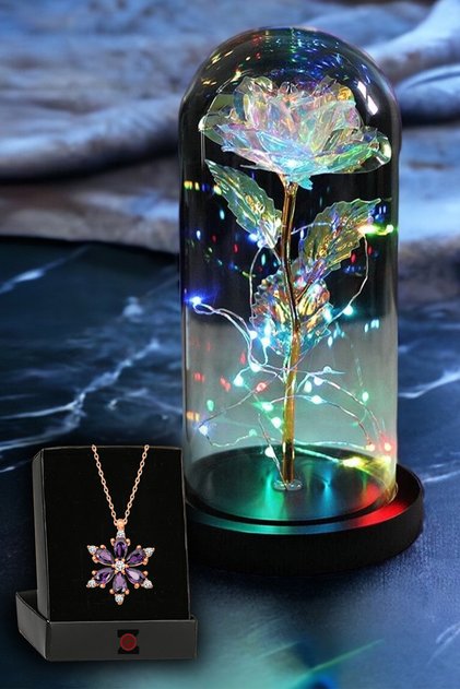 Fanus Içerisinde Dekoratif RGB Peri Led Işıklı Solmayan Sonsuzluk Gülü Ve Lotus Kamelya Çiçeği Kolye