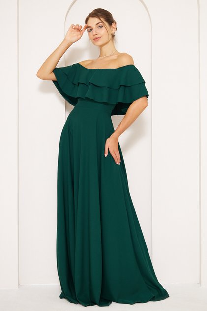 Emerald Ruffle Collar Detail Off-the-Shoulder Draped Woven Fabric Maxi Length Flared Evening Dress