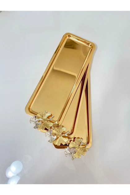 6-Piece Stainless Steel Butterfly Gold Titanium Plated Baton Serving, Tea, Coffee Catering Presentation Tray