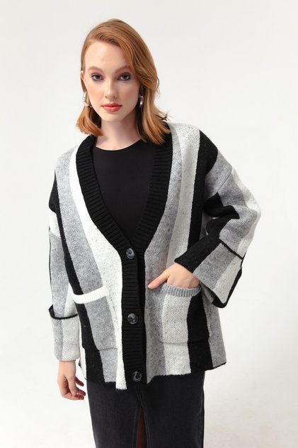 Women's Black Charmed Button Detailed Knitted Cardigan