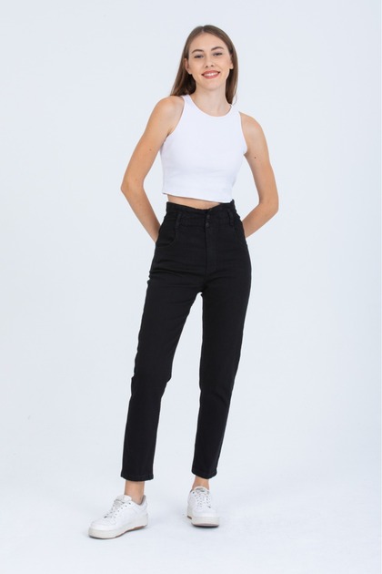 Black High Waist Large Size Elastic Waist Button Detailed Mom Jean Jeans