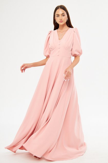 Balloon Sleeve V-neck Corsage Belt Detail Ornamental Buttoned Chest Pleated Woven Draped Fabric Maxi Length Dress