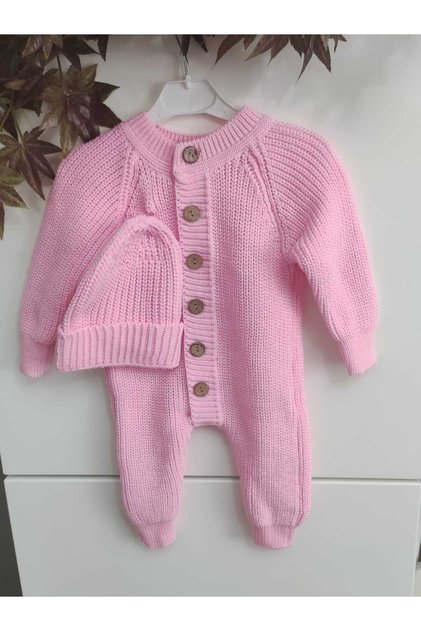 Buttoned Pink Selanik Knitted Knitted Baby Jumpsuit with Hat